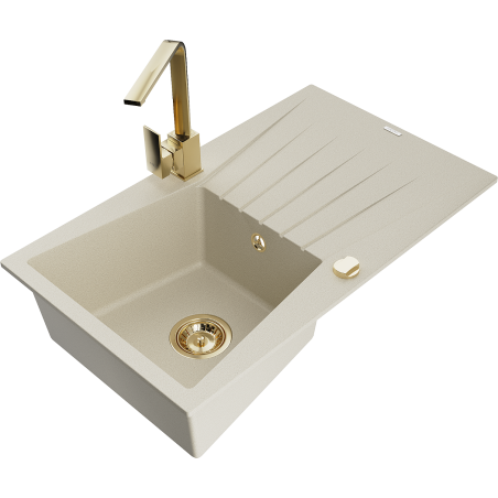 Mexen Cesar Granitspüle 1-Becken mit Abtropffläche und Küchenarmatur Rita, beige - 6514-69-670300-50