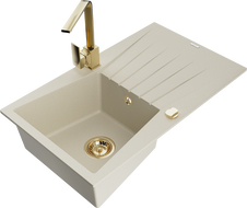 Mexen Cesar Granitspüle 1-Becken mit Abtropffläche und Küchenarmatur Rita, beige - 6514-69-670300-50