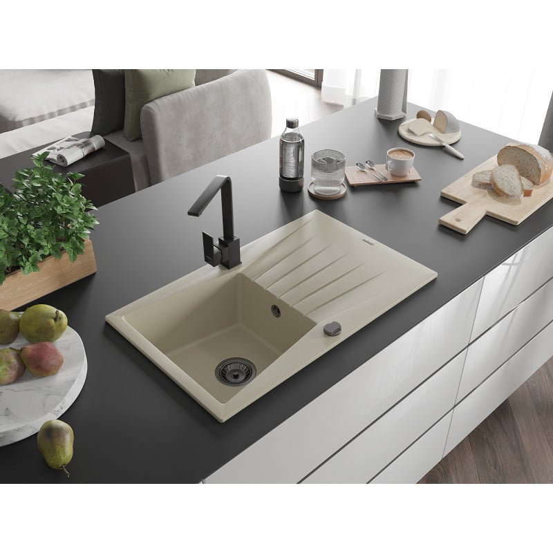 Mexen Cesar granit Spüle 1-Becken mit Abtropffläche und Küchenarmatur Rita, beige - 6514-69-670300-70