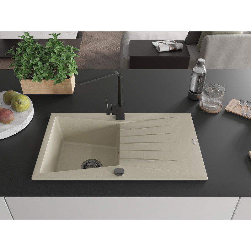 Mexen Cesar granit Spüle 1-Becken mit Abtropffläche und Küchenarmatur Rita, beige - 6514-69-670300-70