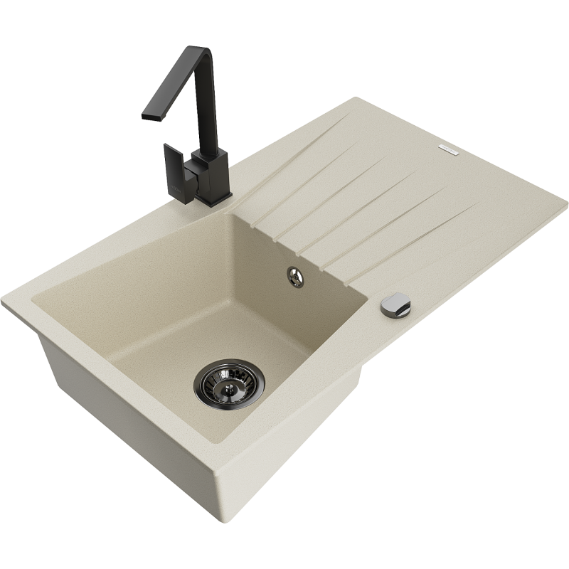 Mexen Cesar granit Spüle 1-Becken mit Abtropffläche und Küchenarmatur Rita, beige - 6514-69-670300-70