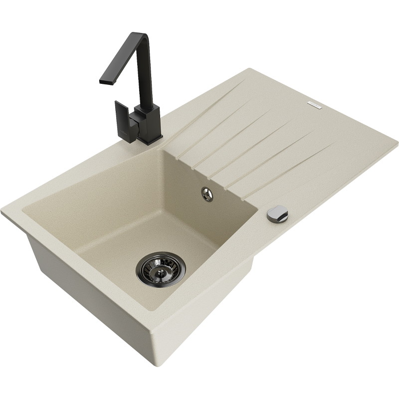 Mexen Cesar granitspüle 1-becken mit abtropffläche und küchenarmatur Rita, beige - 6514-69-670300-70