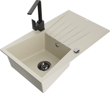 Mexen Cesar granit Spüle 1-Becken mit Abtropffläche und Küchenarmatur Rita, beige - 6514-69-670300-70