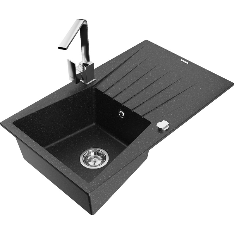 Mexen Cesar 1-Kammer Granitspüle mit Abtropffläche und Küchenarmatur Rita, schwarz/silber metallic - 6514-73-670300-00