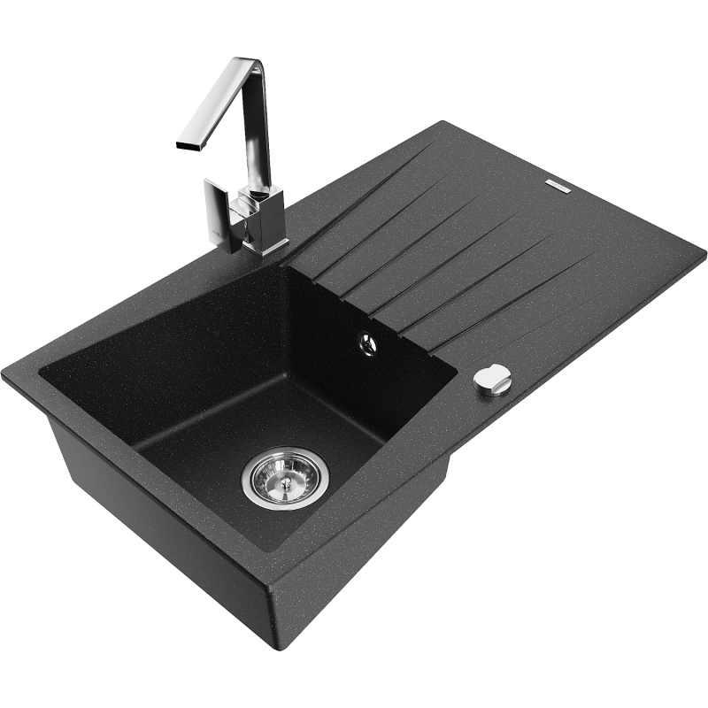 Mexen Cesar Granitspüle 1-beckig mit Abtropffläche und Küchenarmatur Rita, schwarz/silber metallic - 6514-73-670300-00