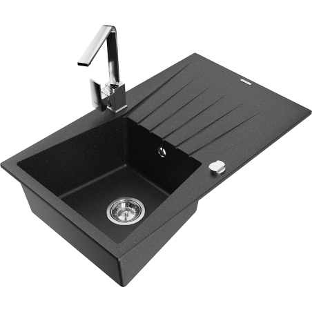 Mexen Cesar Granitspüle 1-beckig mit Abtropffläche und Küchenarmatur Rita, schwarz/silber metallic - 6514-73-670300-00