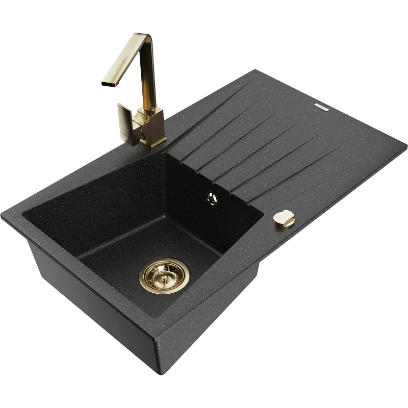 Mexen Cesar Granitspüle 1-Becken mit Abtropffläche und Küchenarmatur Rita, schwarz/silber metallic - 6514-73-670300-50
