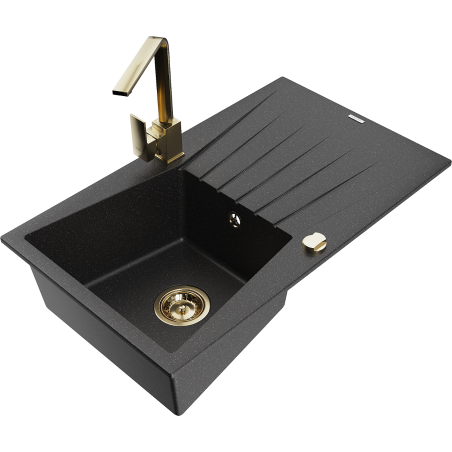 Mexen Cesar Granitspüle 1-Becken mit Abtropffläche und Küchenarmatur Rita, schwarz/silber metallic - 6514-73-670300-50