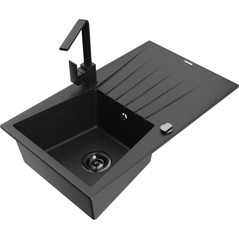 Mexen Cesar Granitspüle 1-Becken mit Abtropffläche und Küchenarmatur Rita, schwarz/silber-metallic - 6514-73-670300-70-B