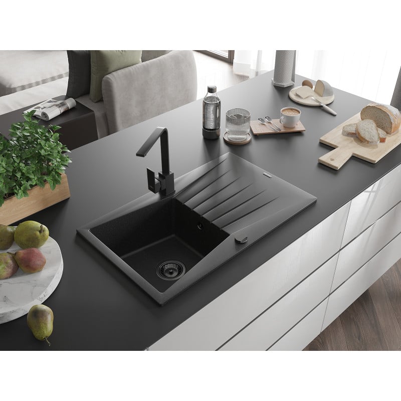 Mexen Cesar Granitspüle 1-Becken mit Abtropffläche und Küchenarmatur Rita, schwarz/silber-metallic - 6514-73-670300-70-B