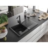Mexen Cesar Granitspüle 1-beckig mit Abtropffläche und Küchenarmatur Rita, schwarz/silber metallic - 6514-73-670300-70