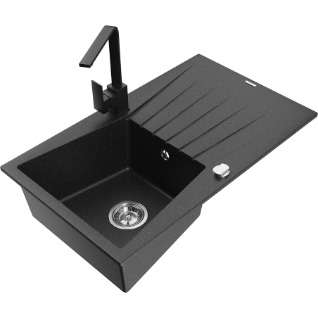Mexen Cesar Granitspüle 1-Becken mit Abtropffläche und Küchenarmatur Rita, schwarz/silber metallic - 6514-73-670300-70