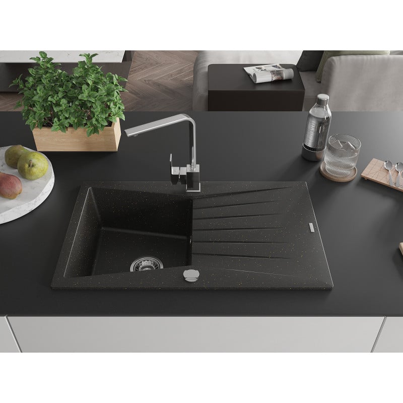 Mexen Cesar Granitspüle einteilig mit Abtropffläche und Küchenarmatur Rita, schwarz/gold metallic - 6514-75-670300-00