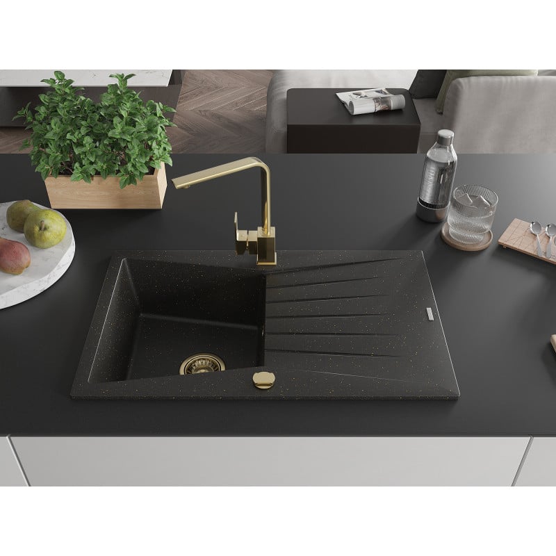 Mexen Cesar Granitspüle 1-Becken mit Abtropffläche und Küchenarmatur Rita, schwarz/gold metallic - 6514-75-670300-50