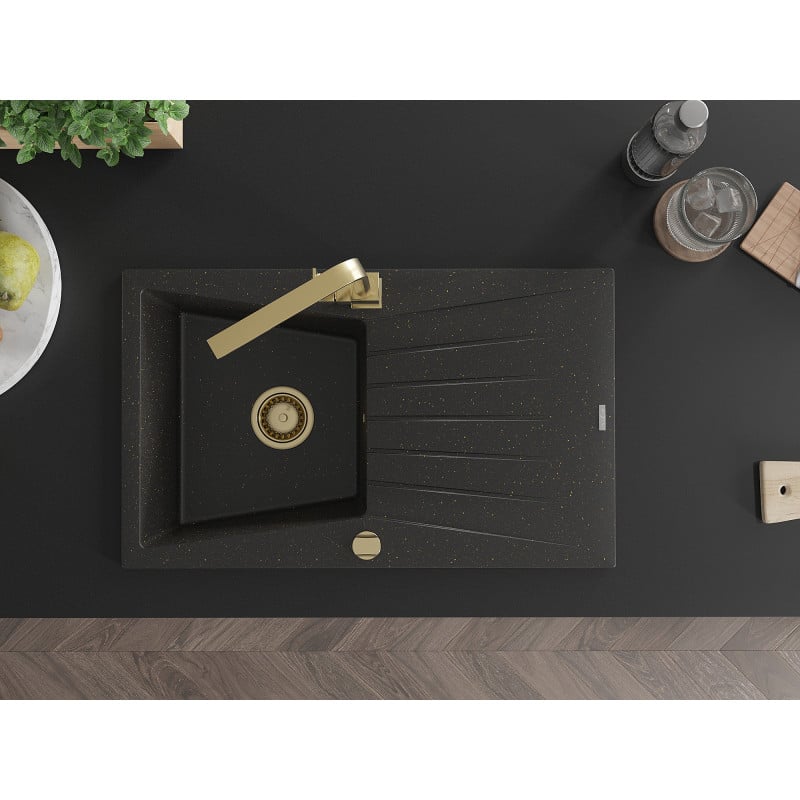 Mexen Cesar Granitspüle 1-Becken mit Abtropffläche und Küchenarmatur Rita, schwarz/gold metallic - 6514-75-670300-50