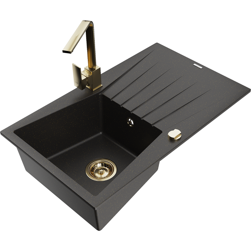 Mexen Cesar Granitspüle 1-Becken mit Abtropffläche und Küchenarmatur Rita, schwarz/gold metallic - 6514-75-670300-50