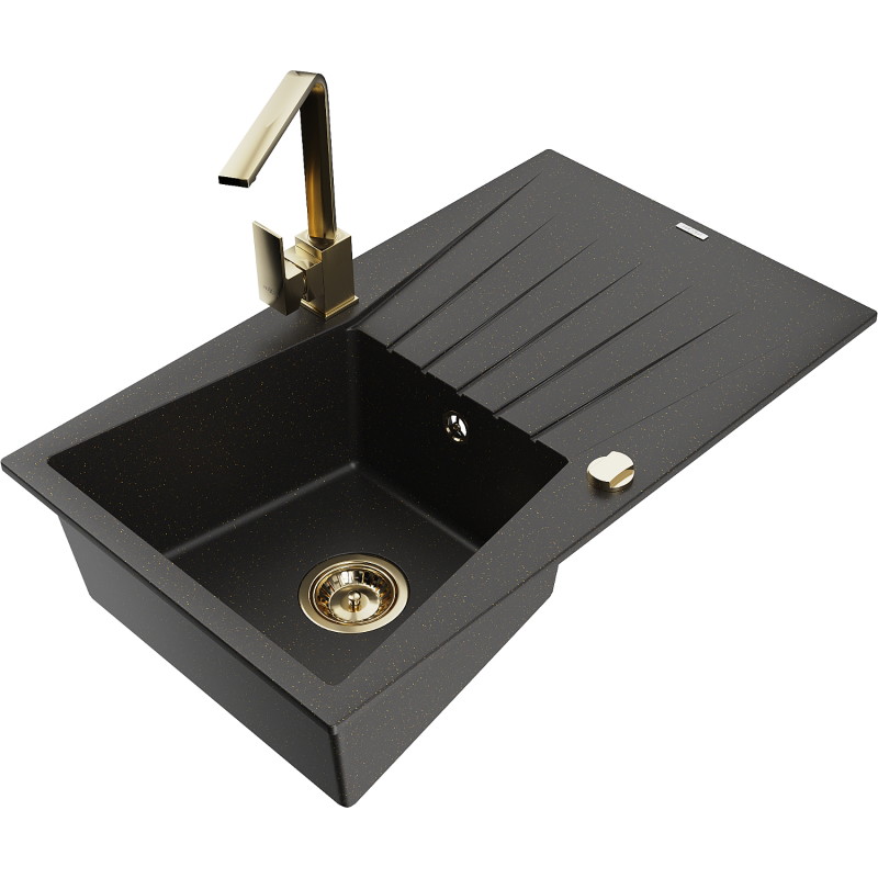 Mexen Cesar Granitspüle 1-becken mit Abtropffläche und Küchenarmatur Rita, schwarz/goldener Metallic - 6514-75-670300-50