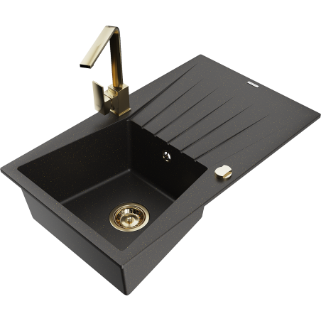 Mexen Cesar Granitspüle 1-Becken mit Abtropffläche und Küchenarmatur Rita, schwarz/gold metallic - 6514-75-670300-50