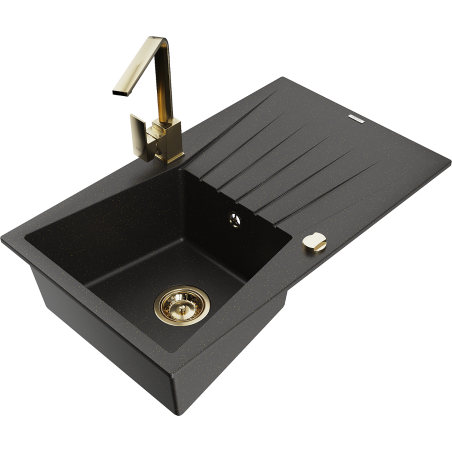 Mexen Cesar Granitspüle mit 1 Becken, Abtropffläche und Küchenarmatur Rita, schwarz/gold Metallic - 6514-75-670300-50