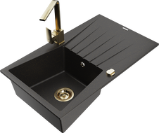 Mexen Cesar Granitspüle 1-Becken mit Abtropffläche und Küchenarmatur Rita, schwarz/gold metallic - 6514-75-670300-50