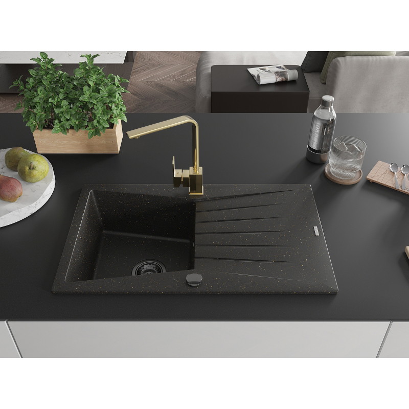 Mexen Cesar Granitspüle 1-becken mit Abtropffläche und Küchenarmatur Rita, Schwarz/Gold Metallic - 6514-75-670300-50-B