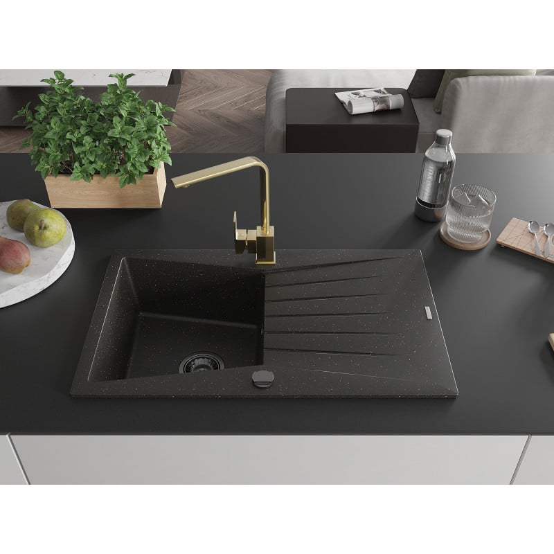 Mexen Cesar Granitspüle 1-Becken mit Abtropffläche und Küchenarmatur Rita, schwarz/goldenes Metallic - 6514-75-670300-50-B