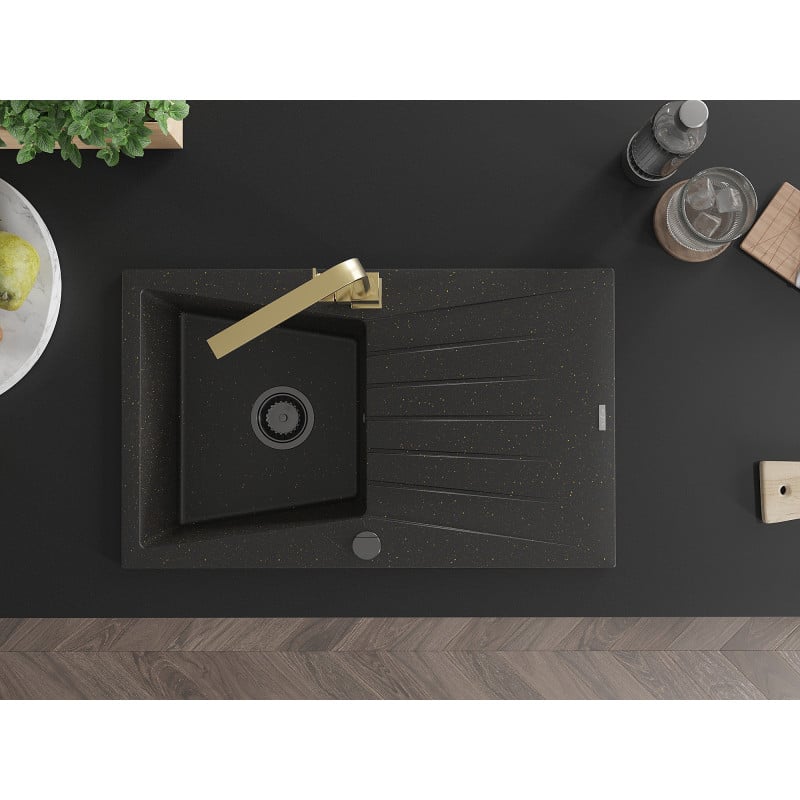 Mexen Cesar Granitspüle 1-Becken mit Abtropffläche und Küchenarmatur Rita, schwarz/goldenes Metallic - 6514-75-670300-50-B