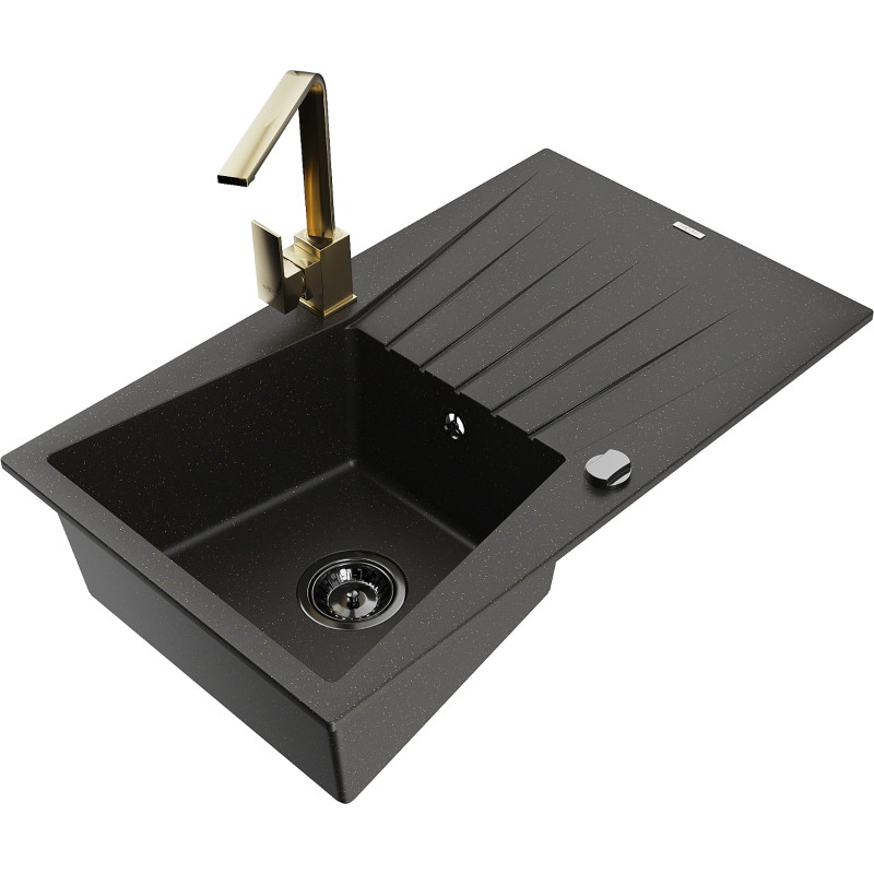 Mexen Cesar Granitspüle 1-becken mit Abtropffläche und Küchenarmatur Rita, Schwarz/Gold Metallic - 6514-75-670300-50-B