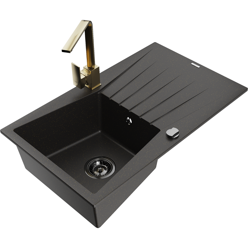 Mexen Cesar Granitspüle 1-Becken mit Abtropffläche und Küchenarmatur Rita, schwarz/goldenes Metallic - 6514-75-670300-50-B