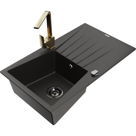 Mexen Cesar Granitspüle 1-Becken mit Abtropffläche und Küchenarmatur Rita, schwarz/goldenes Metallic - 6514-75-670300-50-B
