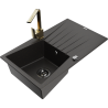 Mexen Cesar Granitspüle 1-Becken mit Abtropffläche und Küchenarmatur Rita, schwarz/goldenes Metallic - 6514-75-670300-50-B