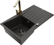 Mexen Cesar Granitspüle 1-Becken mit Abtropffläche und Küchenarmatur Rita, schwarz/goldenes Metallic - 6514-75-670300-50-B