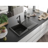 Mexen Cesar Granitspüle 1 Becken mit Abtropffläche und Küchenarmatur Rita, schwarz/gold metallic - 6514-75-670300-70-B