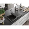 Mexen Cesar Granitspüle 1-beckig mit Abtropffläche und Küchenarmatur Rita, schwarz/gold metallic - 6514-75-670300-70-B