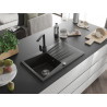 Mexen Cesar Granitspüle 1-beckig mit Abtropffläche und Küchenarmatur Rita, schwarz/goldenes Metallic - 6514-75-670300-70