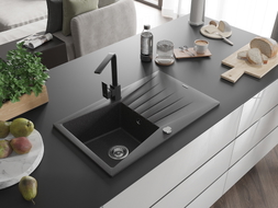 Mexen Cesar Granitspüle 1-Becken mit Abtropffläche und Küchenarmatur Rita, schwarz gesprenkelt - 6514-76-670300-70