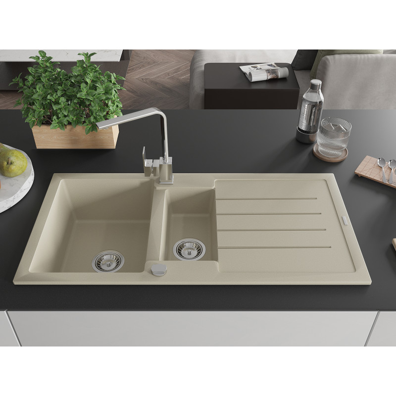Mexen Andres Granitspüle 1,5-beckig mit Abtropffläche und Küchenarmatur Rita, beige - 6515-69-670300-00