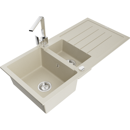 Mexen Andres Granitspüle 1,5-beckig mit Abtropffläche und Küchenarmatur Rita, beige - 6515-69-670300-00