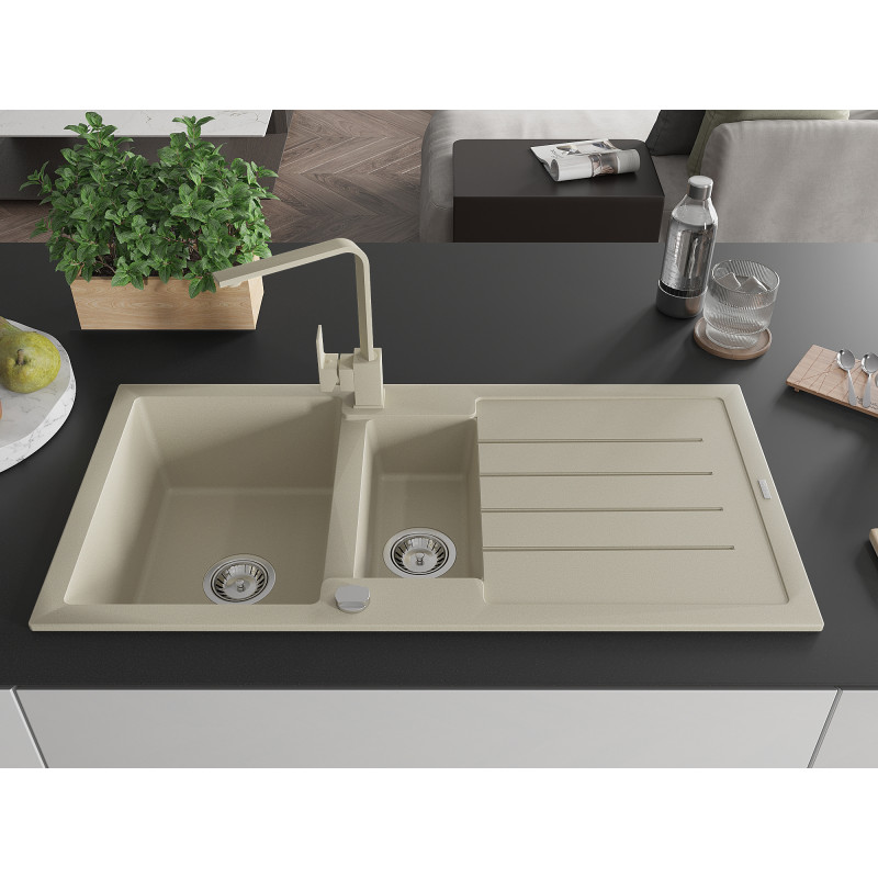 Mexen Andres Granitspüle 1,5-Becken mit Abtropffläche und Küchenarmatur Rita, beige - 6515-69-670300-69