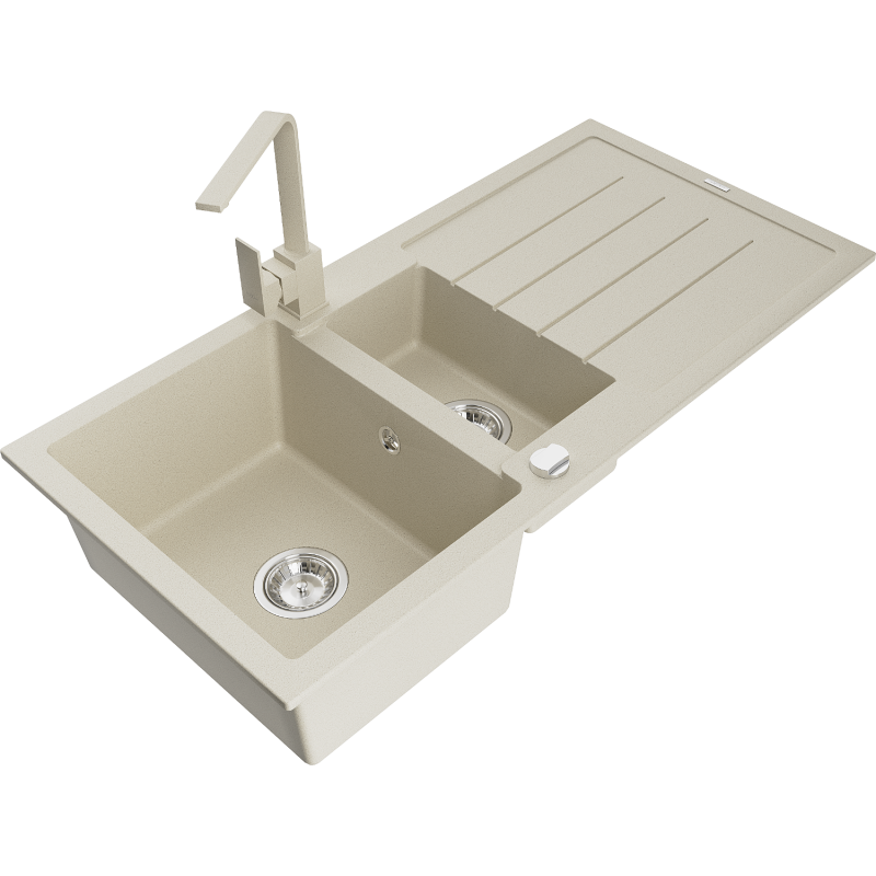Mexen Andres Granitspüle 1,5-Becken mit Abtropffläche und Küchenarmatur Rita, beige - 6515-69-670300-69