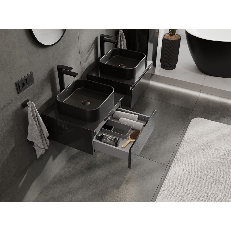 Mexen Orio Badezimmerschrank unter Waschbecken 50 cm mit Arbeitsplatte, 1 Schublade, schwarzer Hochglanz - 91A10-05023-1-BFC70