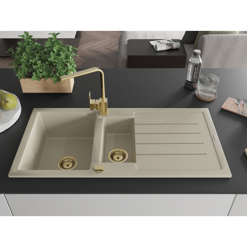 Mexen Andres Granitspüle 1,5-fach mit Abtropffläche und Küchenarmatur Rita, beige - 6515-69-670300-50