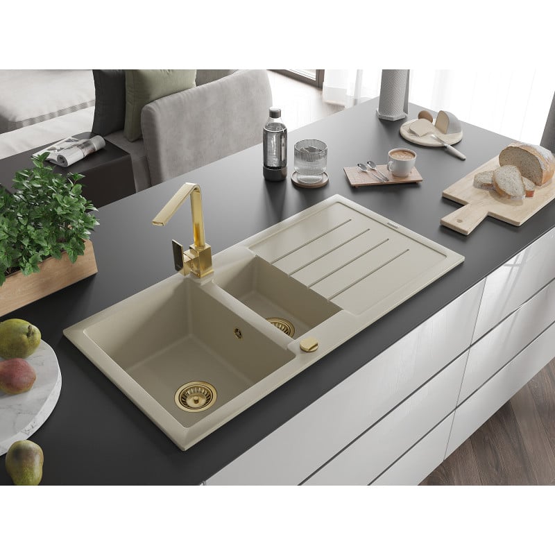 Mexen Andres Granitspüle 1,5-beckig mit Abtropffläche und Küchenarmatur Rita, beige - 6515-69-670300-50