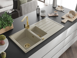 Mexen Andres Granitspüle 1,5-beckig mit Abtropffläche und Küchenarmatur Rita, beige - 6515-69-670300-50