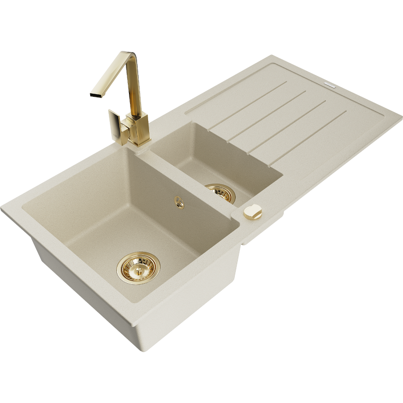 Mexen Andres Granitspüle 1,5-beckig mit Abtropffläche und Küchenarmatur Rita, beige - 6515-69-670300-50