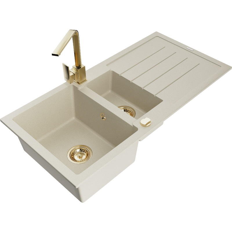 Mexen Andres Granitspüle 1,5-fach mit Abtropffläche und Küchenarmatur Rita, beige - 6515-69-670300-50