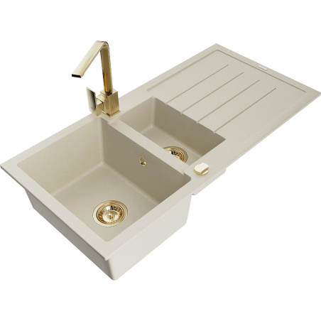 Mexen Andres Granitspüle 1,5-beckig mit Abtropffläche und Küchenarmatur Rita, beige - 6515-69-670300-50