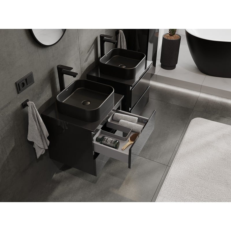 Mexen Orio Badezimmerschrank 50 cm mit Arbeitsplatte, 2 Schubladen, schwarz glänzend - 91A10-05047-2-BFFC70