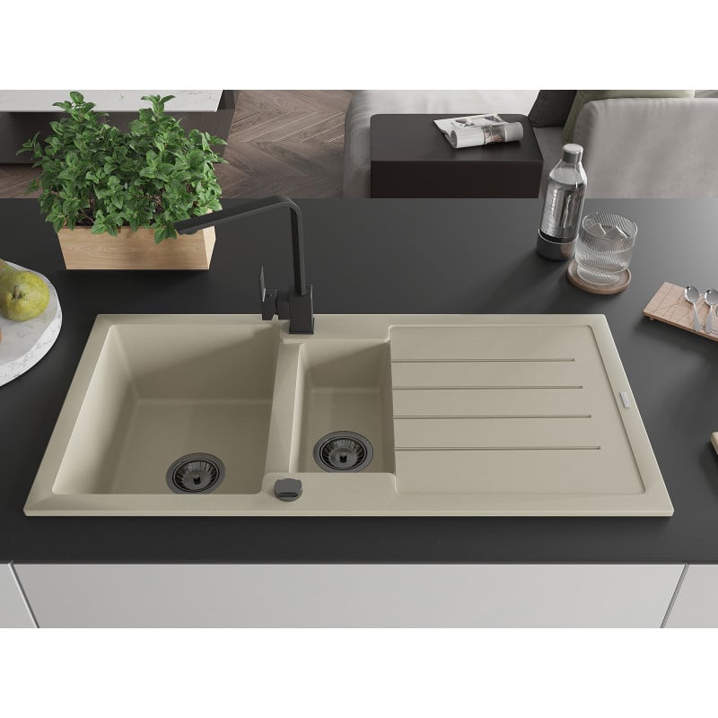 Mexen Andres Granitspüle 1,5-Becken mit Abtropffläche und Küchenarmatur Rita, beige - 6515-69-670300-70
