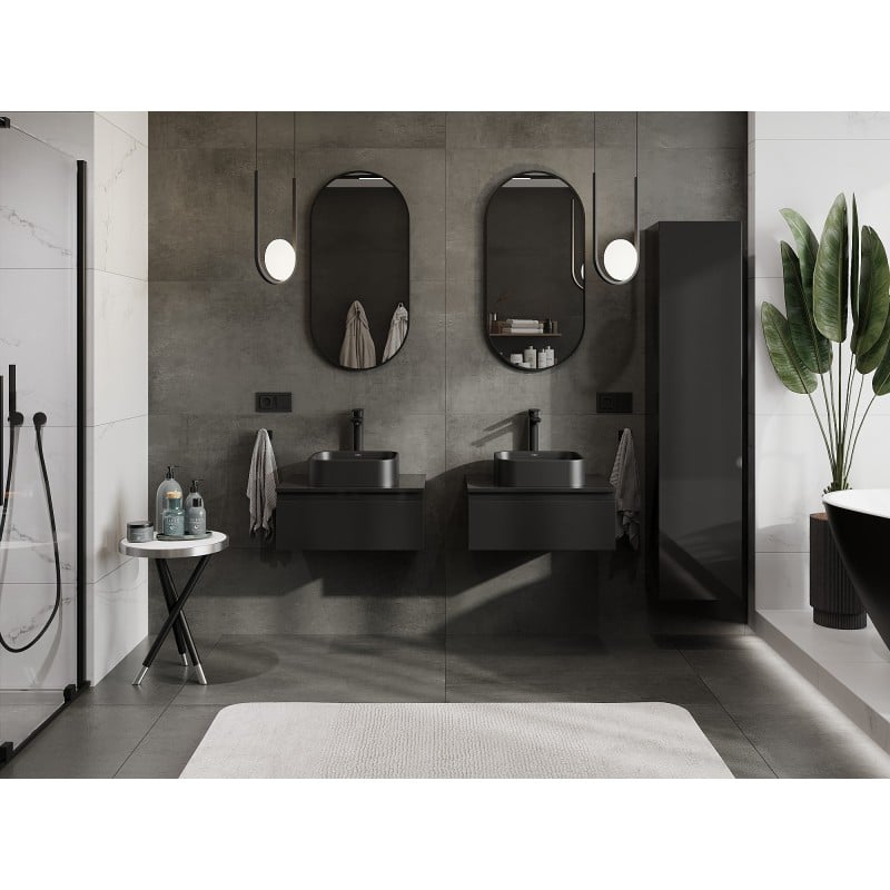 Mexen Orio Badezimmerschrank für Waschbecken 60 cm mit Arbeitsplatte, 1 Schublade, schwarzer Glanz - 91A10-06023-1-BFC70